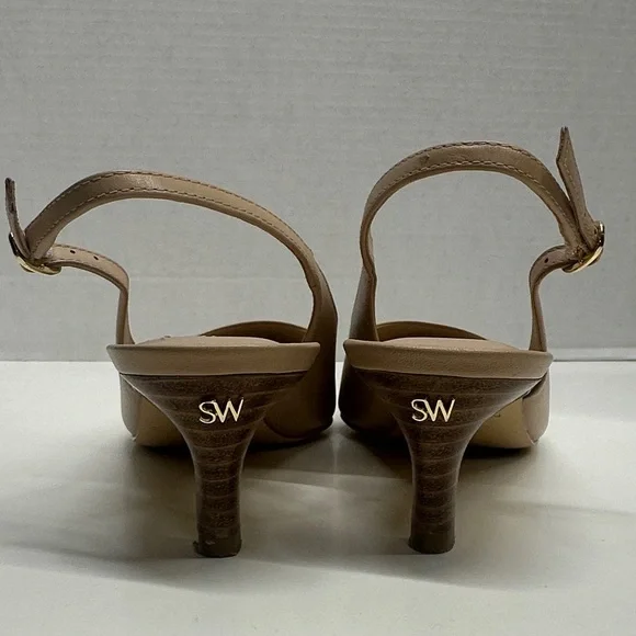 Stuart Weitzman Mara 50 Leather Slingback Kitten Heels Pump Shoes Beige Size 7.5 - Picture 4 of 9